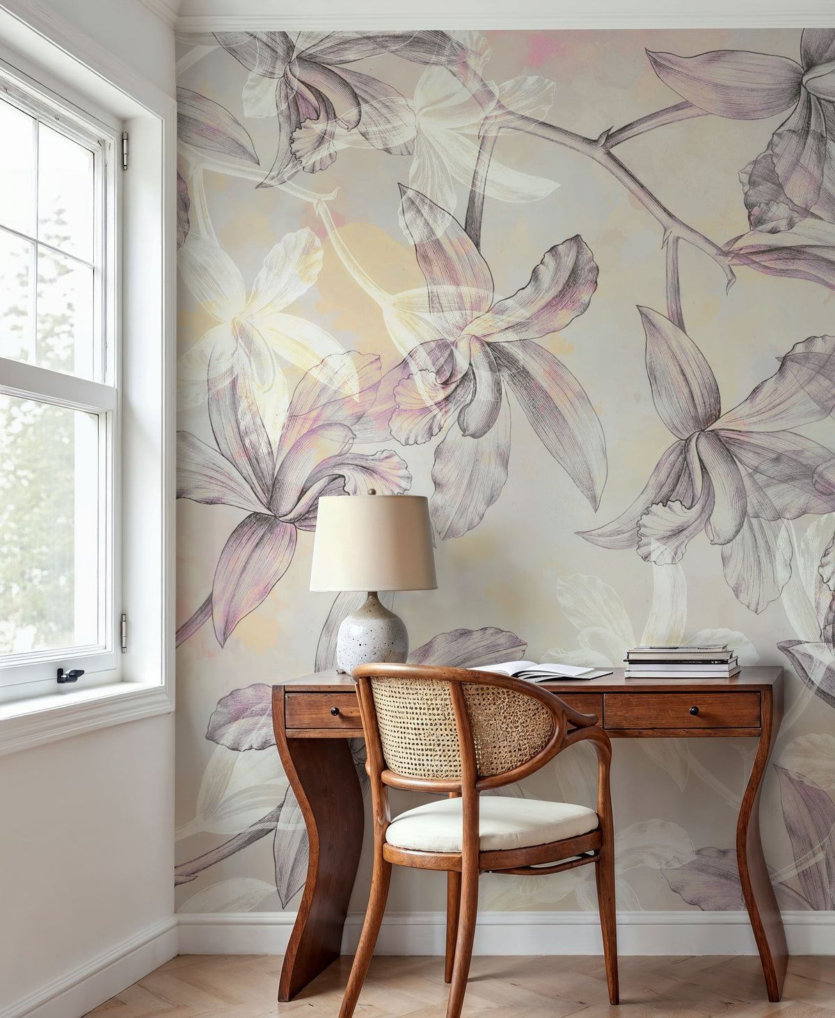 Orchids on Water Mural Wallpaper - Neutral Tone - room preview 02