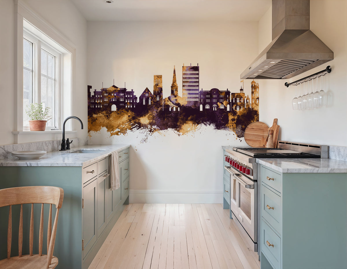 Maidstone England Skyline Purple & Gold Mural Wallpaper - room preview 02