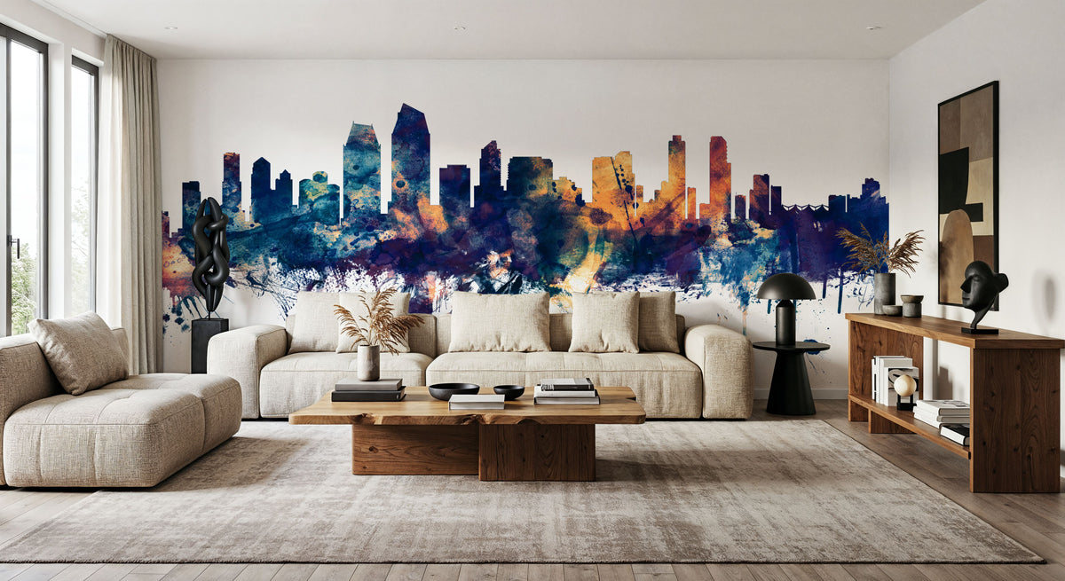 San Diego California Skyline Blue & Bronze Mural Wallpaper - room preview 02