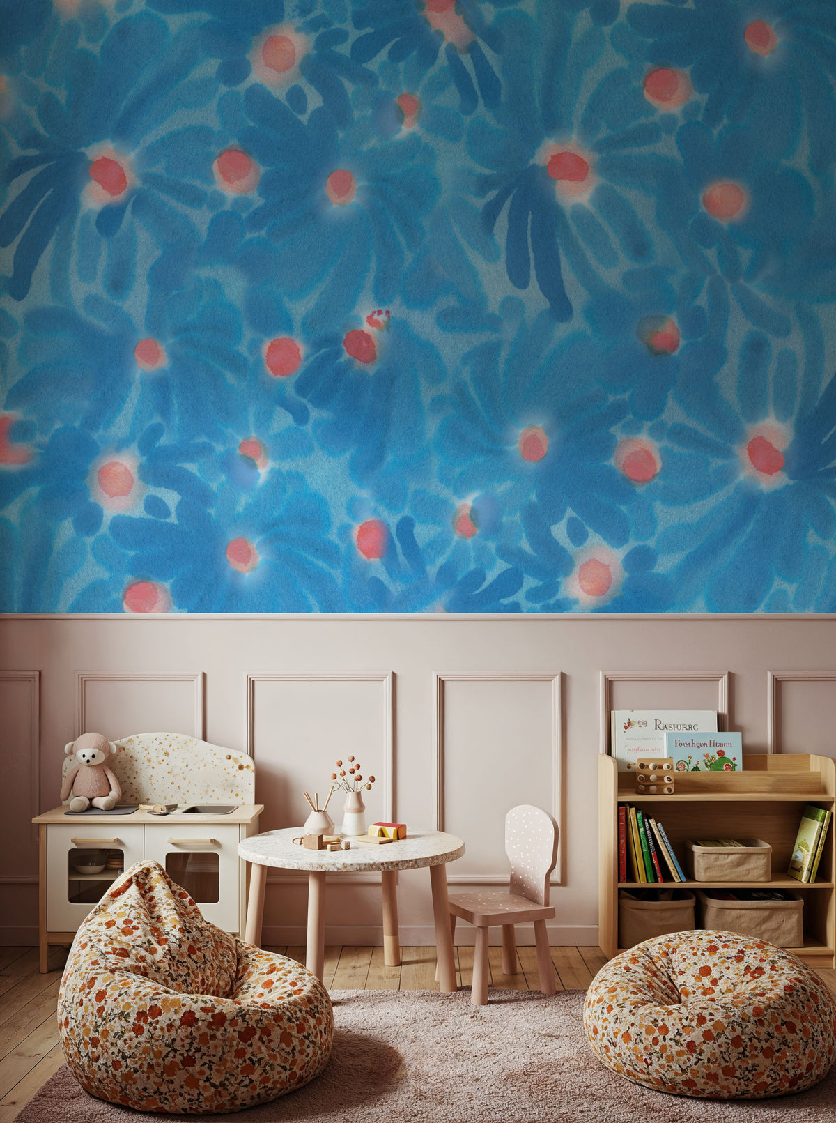 August Blossoms, Blue Mural Wallpaper - room preview 02