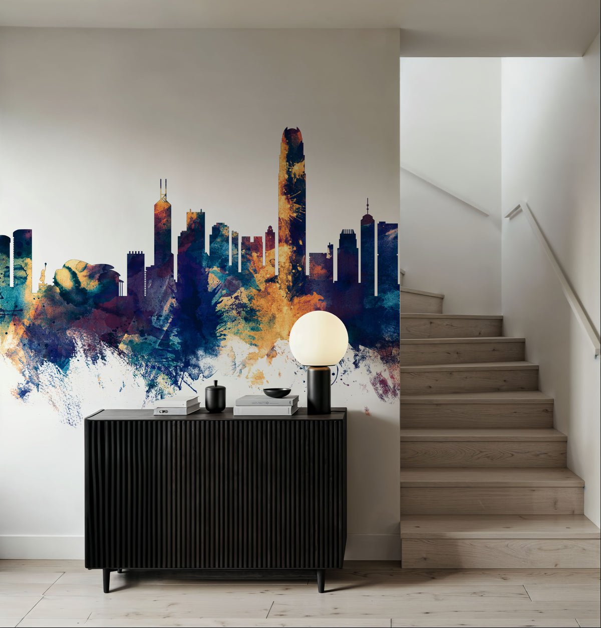 Hong Kong Skyline Blue & Bronze Mural Wallpaper - room preview 02