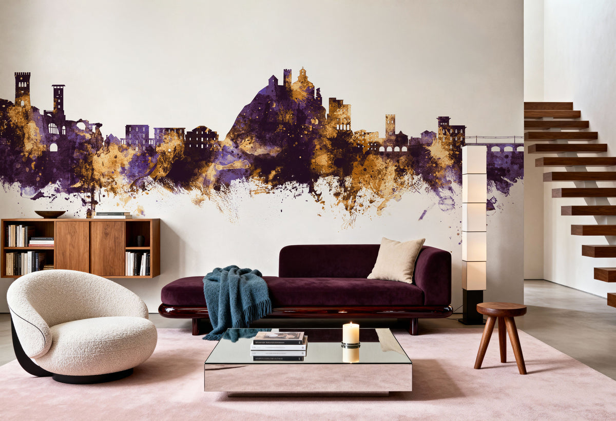 Monterosso Al Mare Italy Skyline Purple & Gold Mural Wallpaper - room preview 02