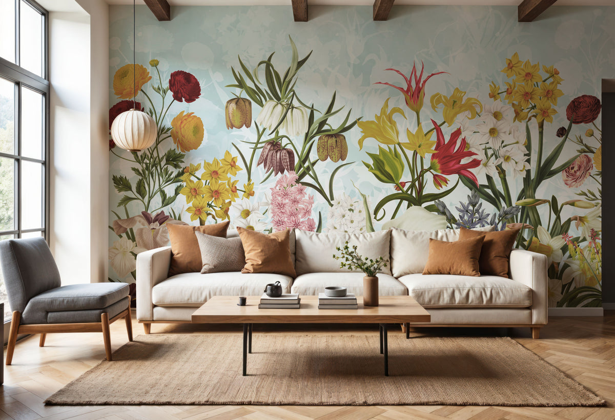 Happy Spring Flowers Mural Wallpaper - Neutral Tone - room preview 02