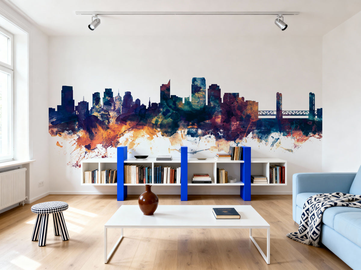 Sacramento California Skyline Blue & Bronze Mural Wallpaper - room preview 02