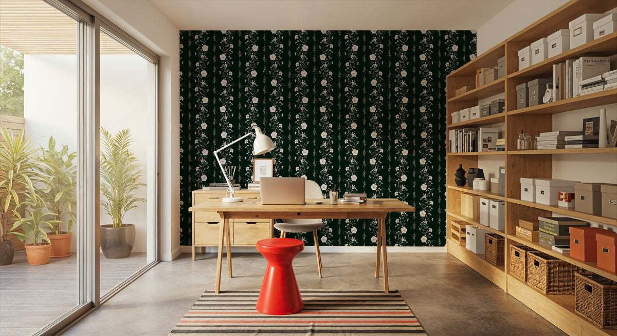 Trailing Flower Stripe, Dark Green Mural Wallpaper - room preview 02
