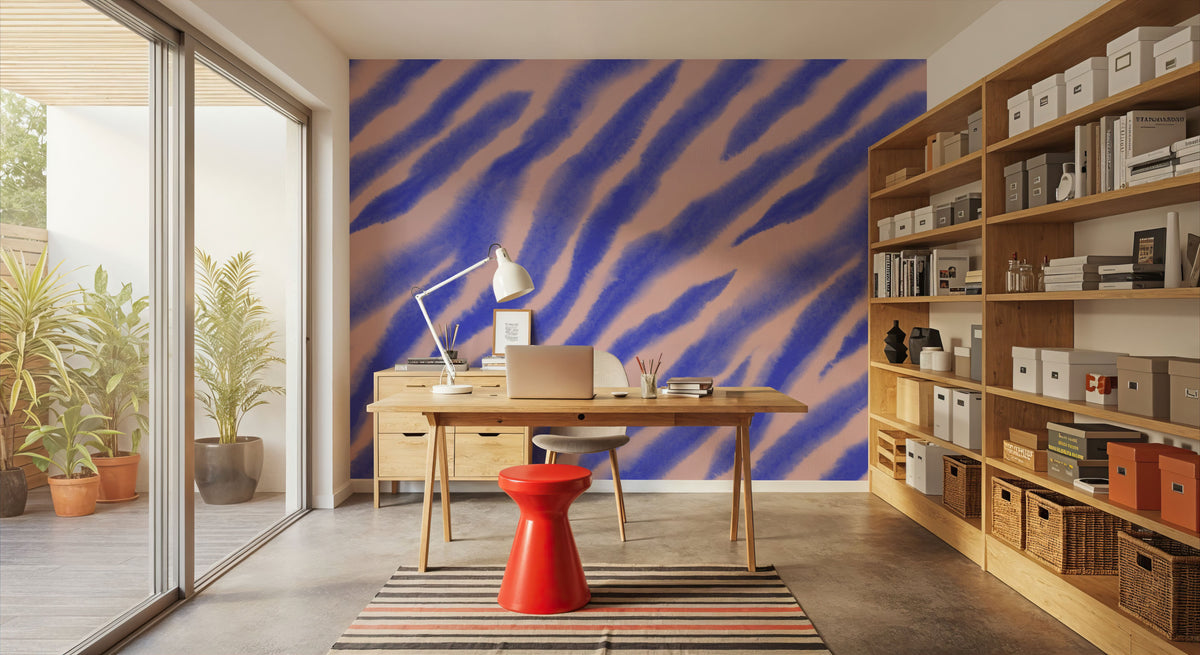 Watercolor Tiger Stripes, Periwinkle on Pink Mural Wallpaper - room preview 02