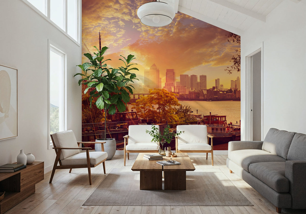 Golden Boat Metropolis Dusk Mural Wallpaper - room preview 02