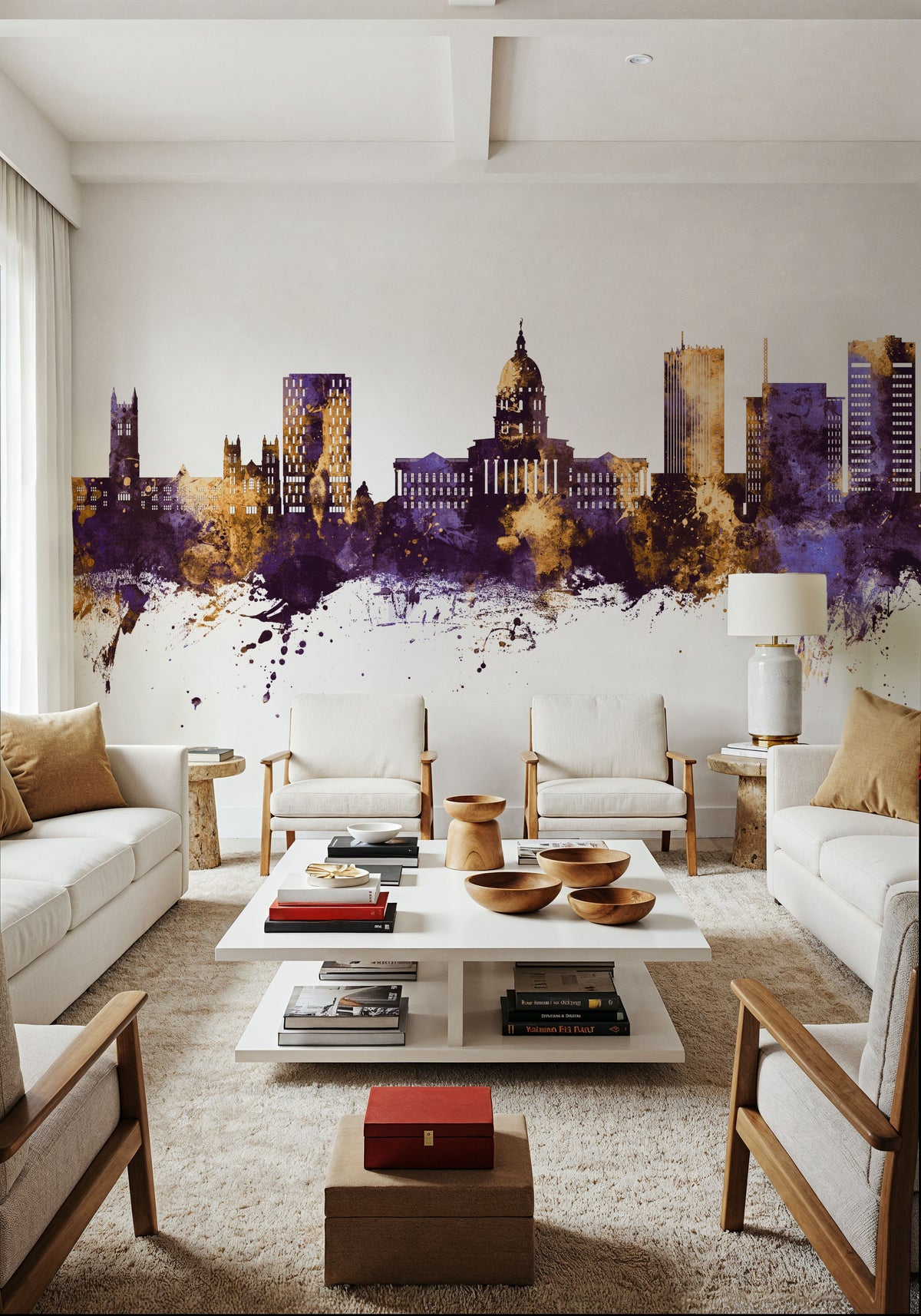 Topeka Wyoming Skyline Purple & Gold Mural Wallpaper - room preview 02