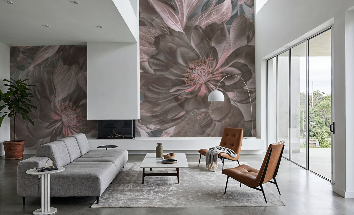 Peony Study - Ash and Pink Mural Wallpaper - room preview 02