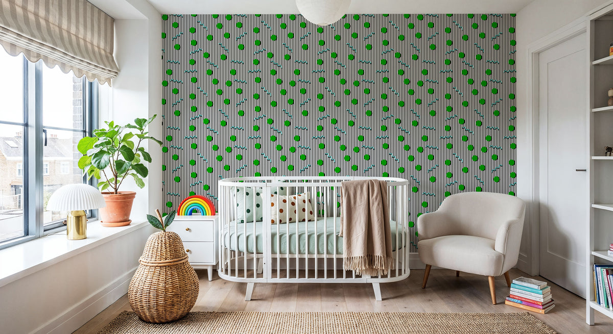 Memphis Dots & Stripes, White Mural Wallpaper - room preview 02