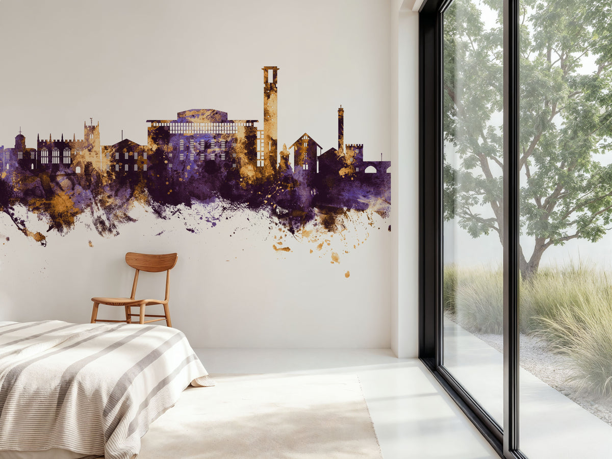 Stratford-upon-Avon England Skyline Purple & Gold Mural Wallpaper - room preview 02