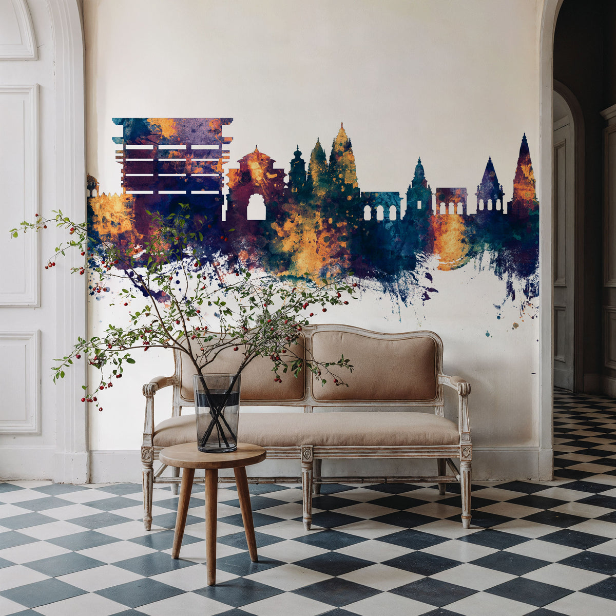 Pandharpur India Skyline Blue & Bronze Mural Wallpaper - room preview 02