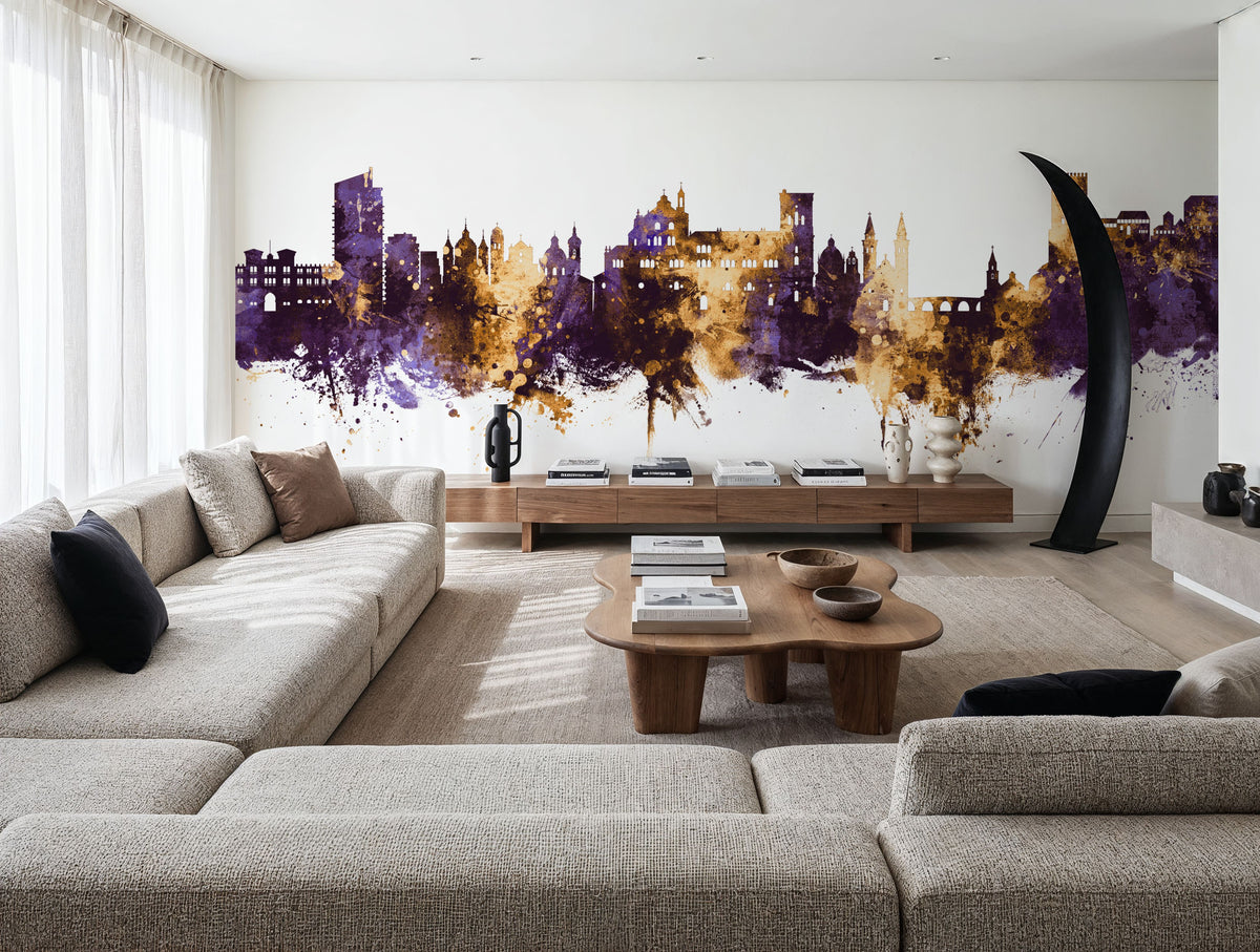 Granada Spain Skyline Purple & Gold Mural Wallpaper - room preview 02