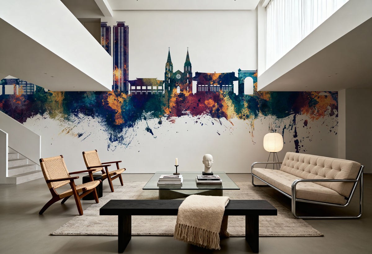 Daegu South Korea Skyline Blue & Bronze Mural Wallpaper - room preview 02