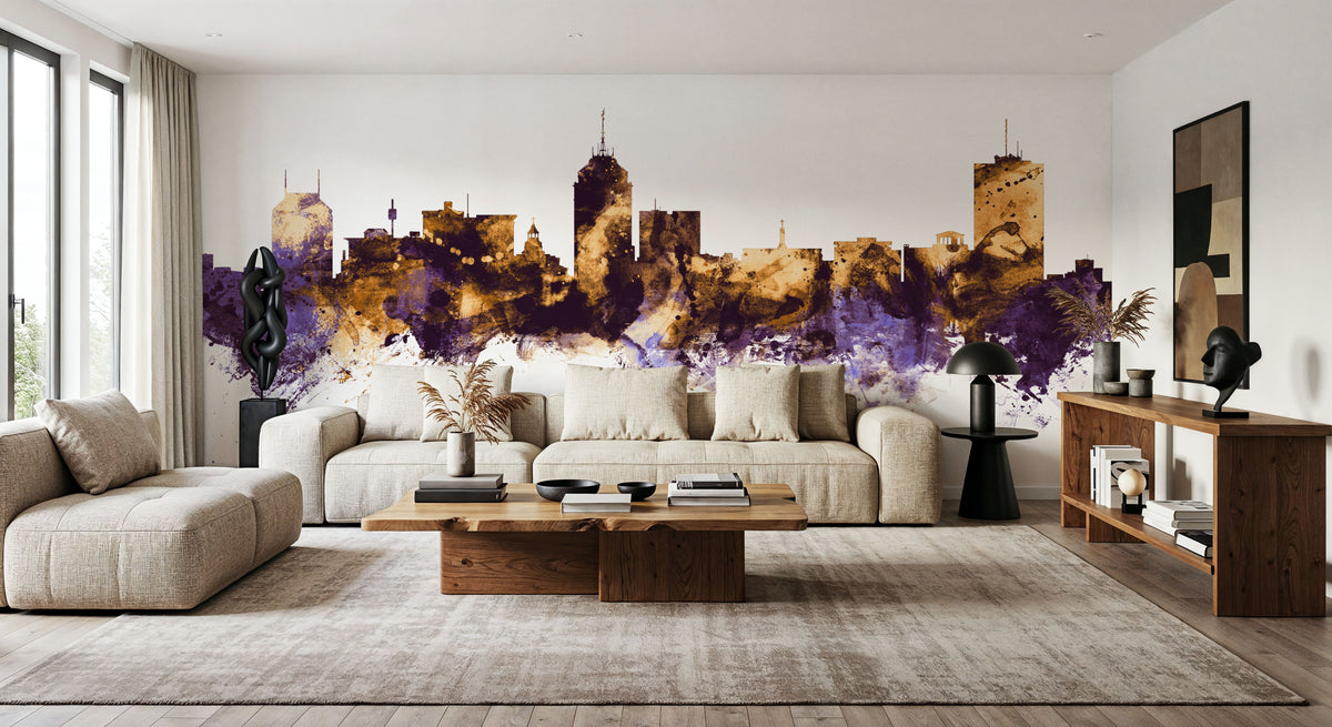 Fresno California Skyline Purple & Gold Mural Wallpaper - room preview 02
