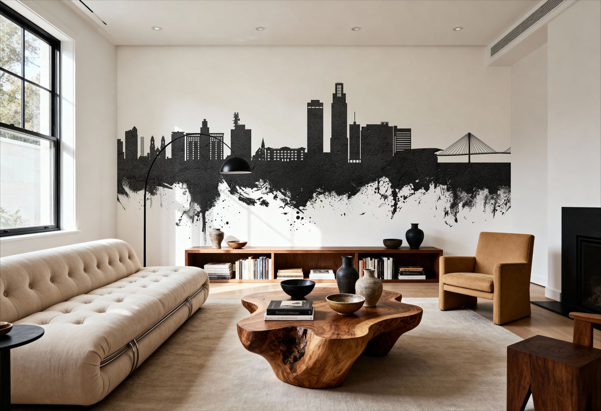 Omaha Nebraska Skyline Black & White Mural Wallpaper - room preview 02