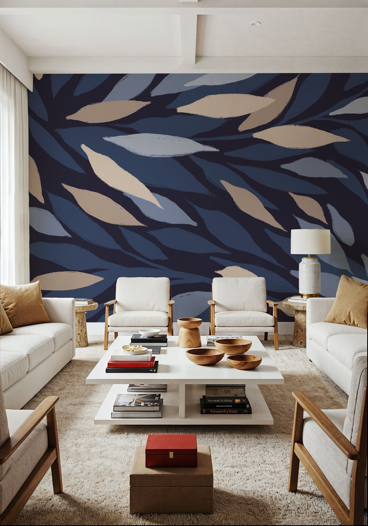 Leafy Lines Dark Plain Mural Wallpaper - room preview 02
