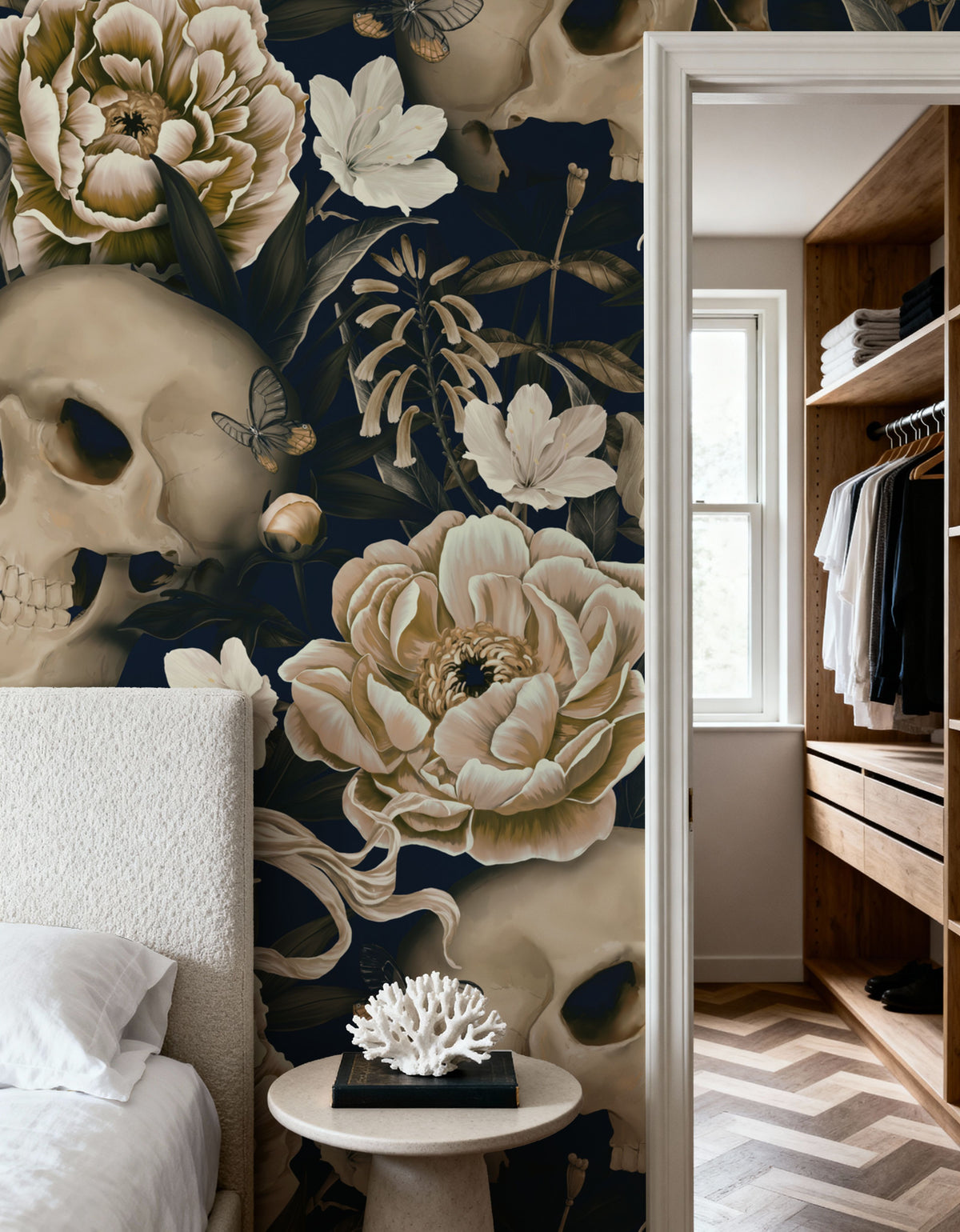 Peonies and Skulls Dark Blue Mural Wallpaper - room preview 02