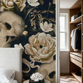 Peonies and Skulls Dark Blue Mural Wallpaper - room preview 02