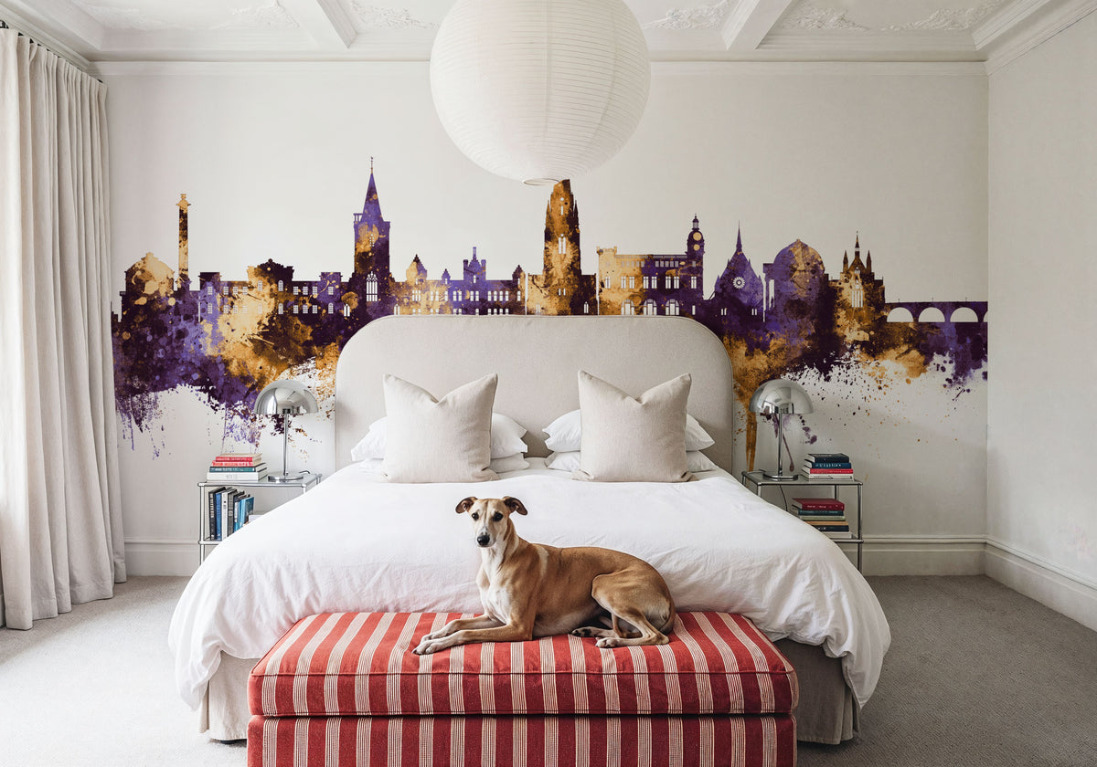 Perth Scotland Skyline Purple & Gold Mural Wallpaper - room preview 02