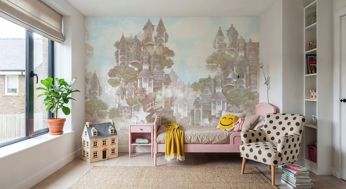 Treehouse Neighborhood Warm Pastel Mural Wallpaper - room preview 02