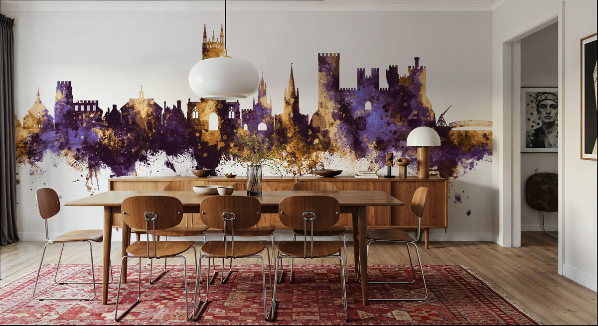 Warwick England Skyline Purple & Gold Mural Wallpaper - room preview 02