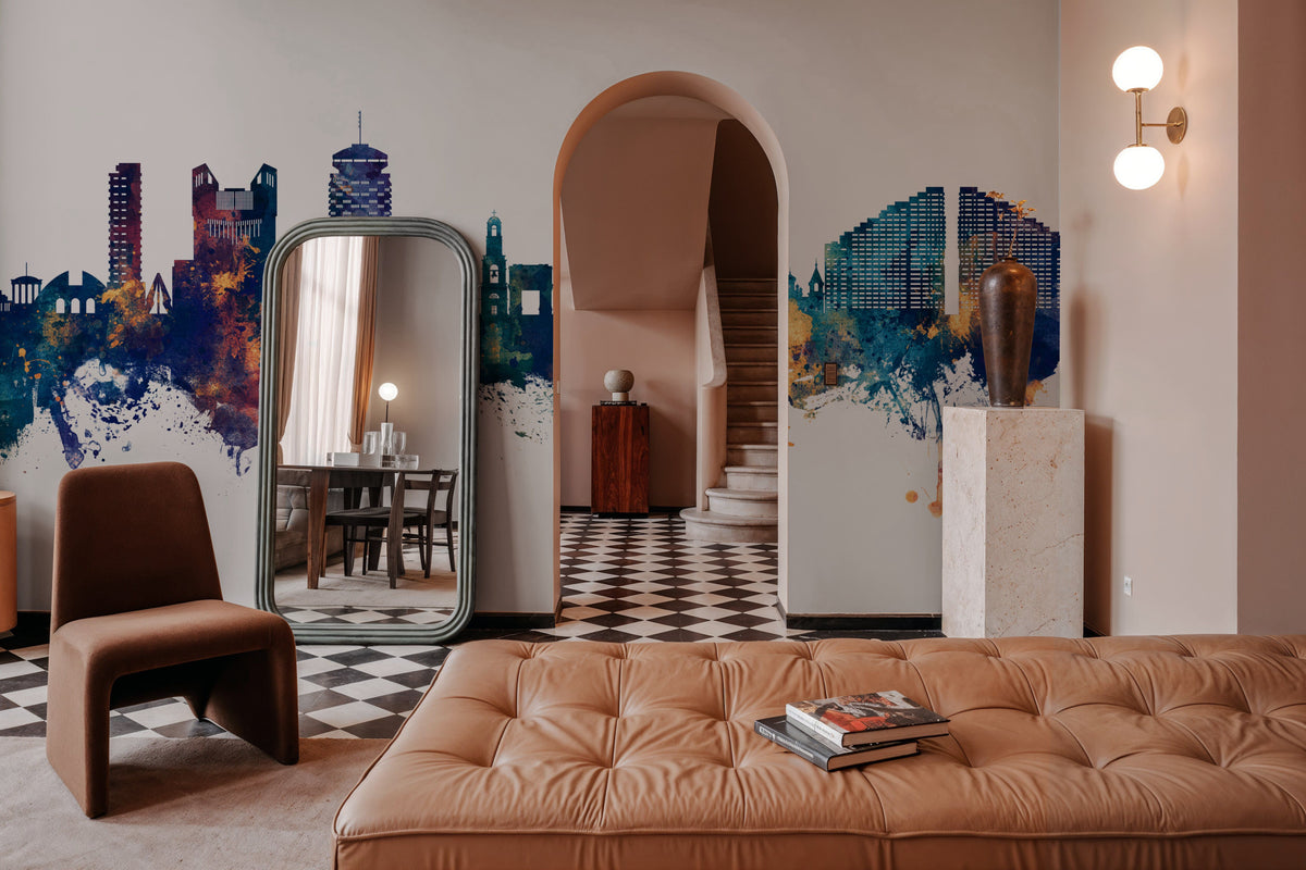 Chisinau Moldova Skyline Blue & Bronze Mural Wallpaper - room preview 02