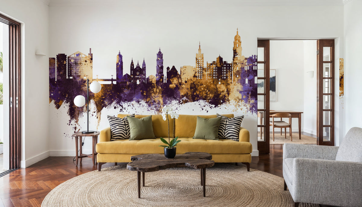 Málaga Spain Skyline Purple & Gold Mural Wallpaper - room preview 02