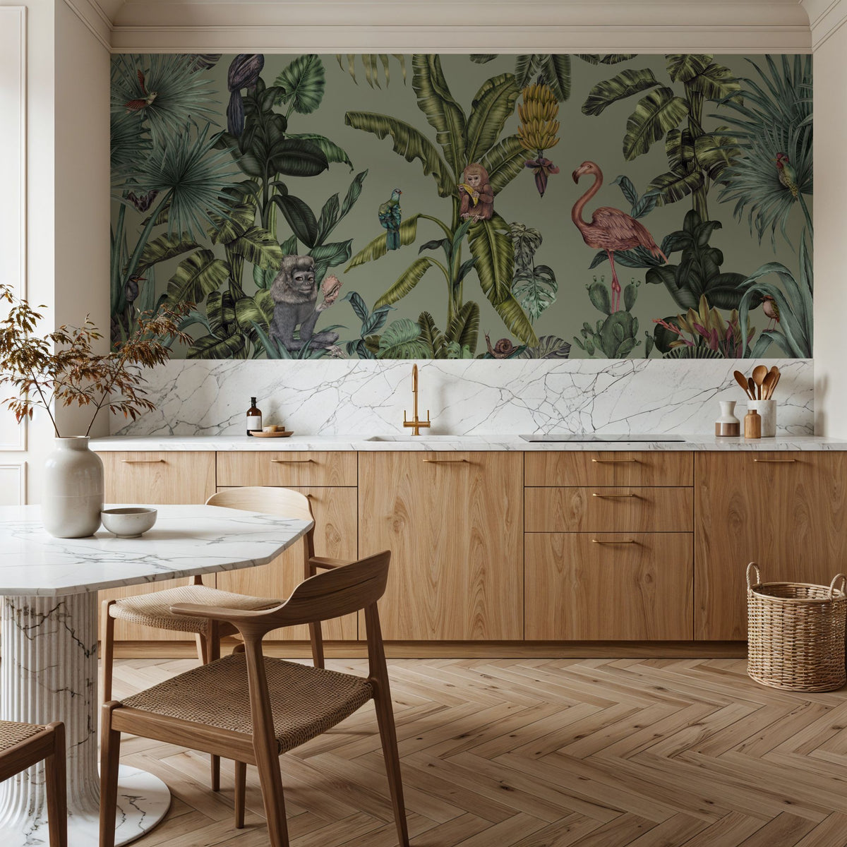 Monkeys with Birds, Pistachio Mural Wallpaper - room preview 02