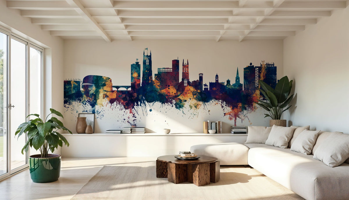 Derby England Skyline Blue & Bronze Mural Wallpaper - room preview 02