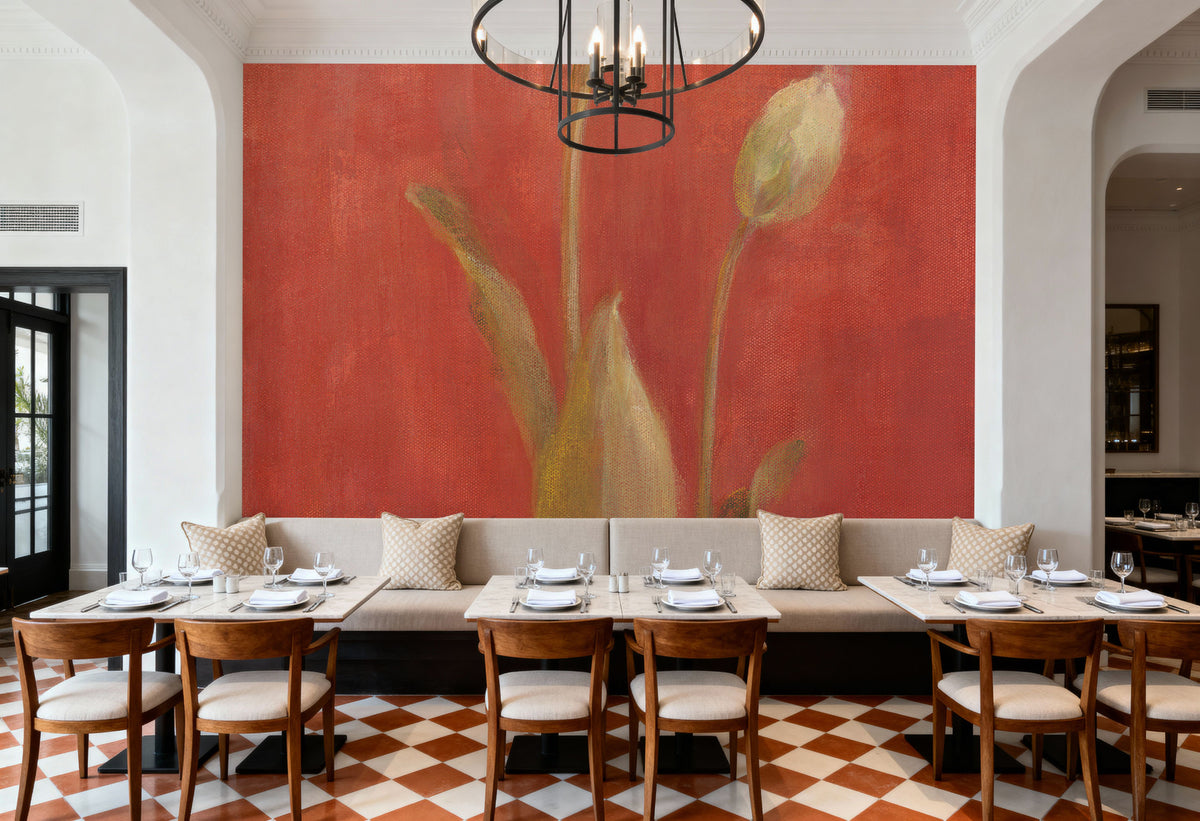 White Tulips on Red Mural Wallpaper - room preview 02