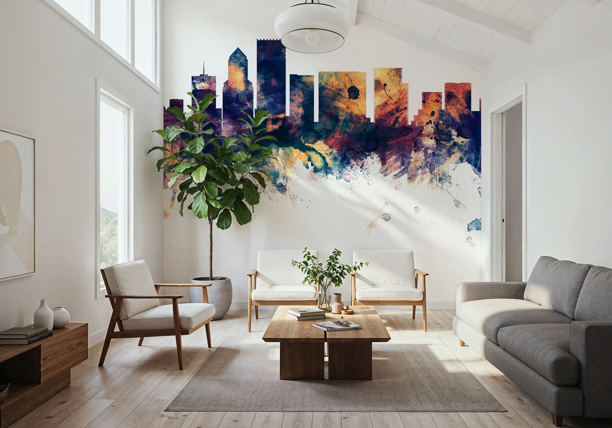 Portland Oregon Skyline Blue & Bronze Mural Wallpaper - room preview 02