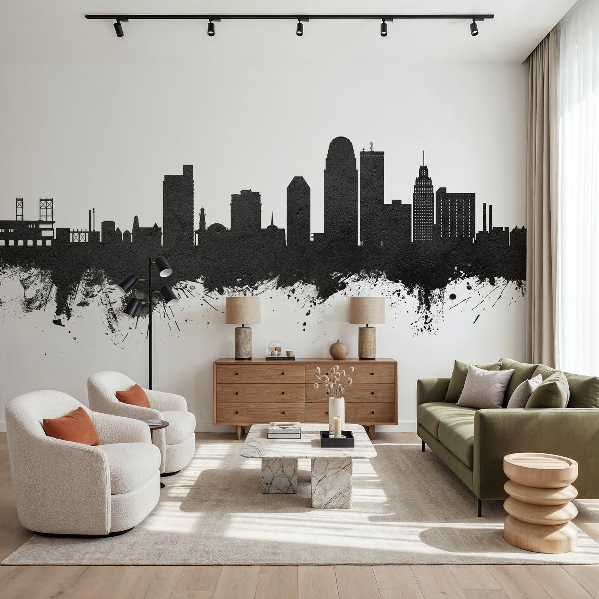 Winston-Salem North Carolina Skyline Black & White Mural Wallpaper - room preview 02