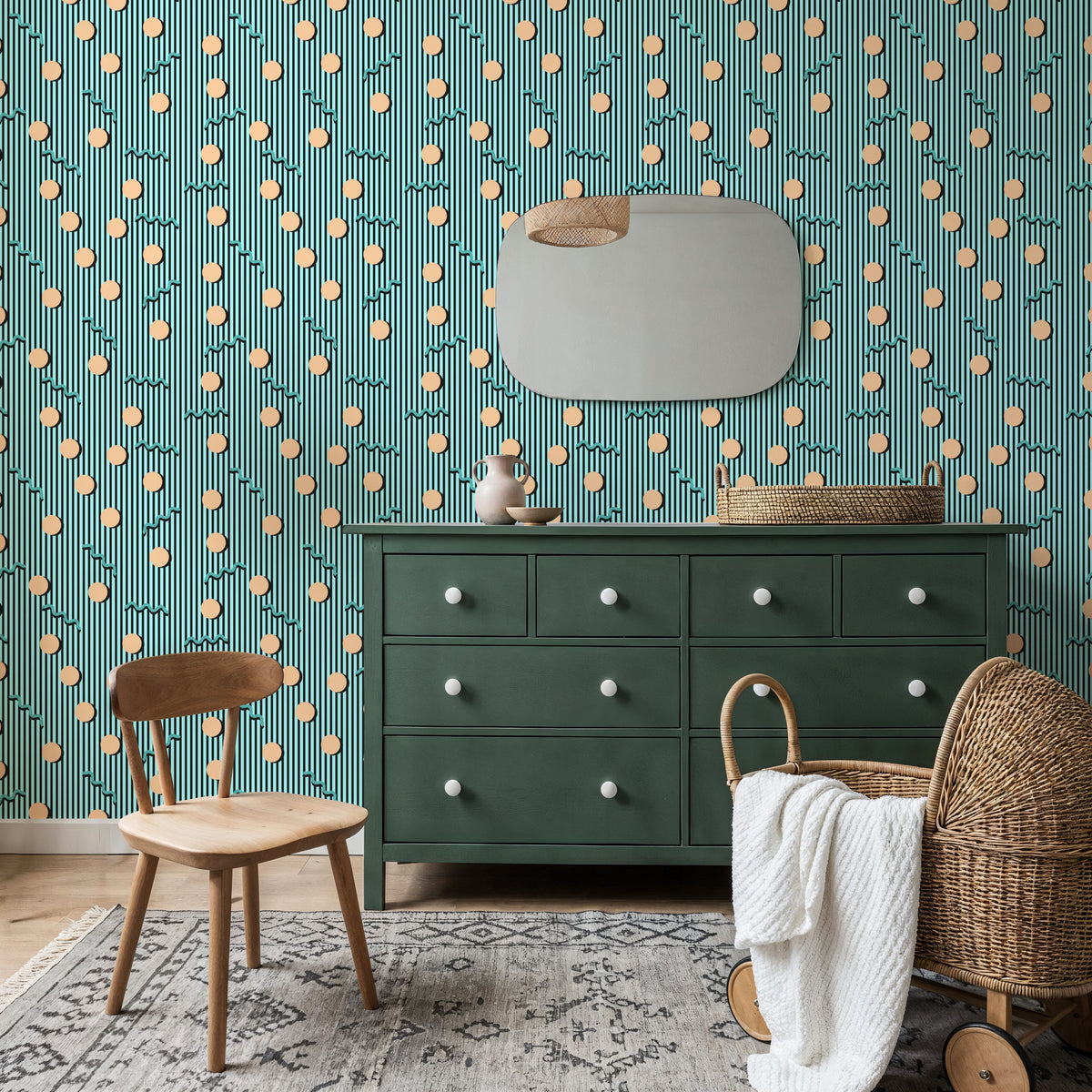 Memphis Dots & Stripes, Cyan Mural Wallpaper - room preview 02
