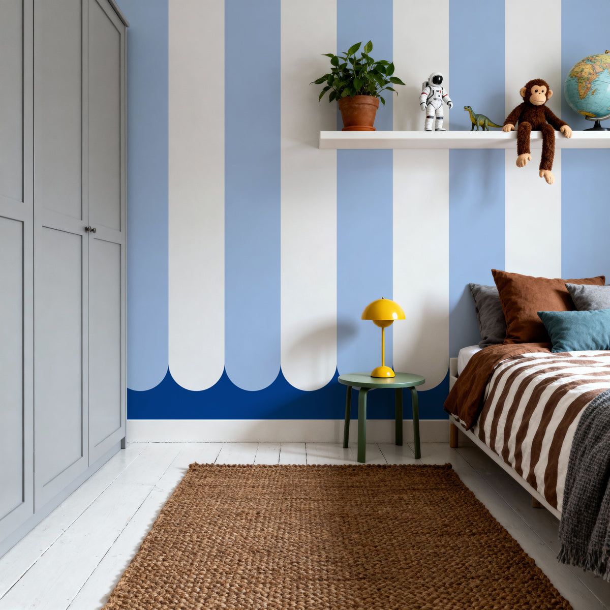 Scalloped Circus Stripes, Baby Blue Mural Wallpaper - room preview 02
