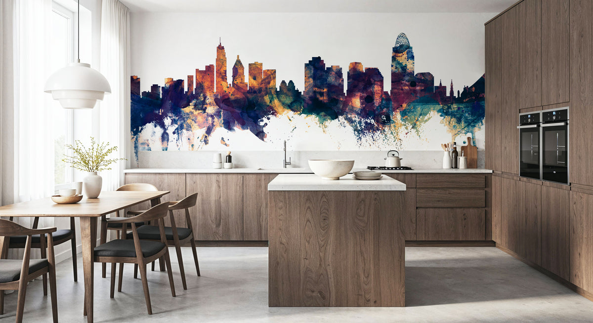 Cincinnati Ohio Skyline Blue & Bronze Mural Wallpaper - room preview 02