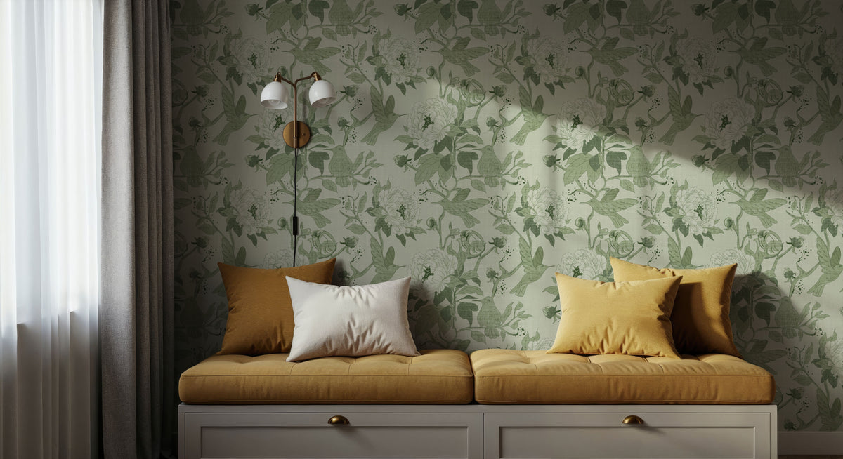 Peony Toile, Fresh Green Mural Wallpaper - room preview 02