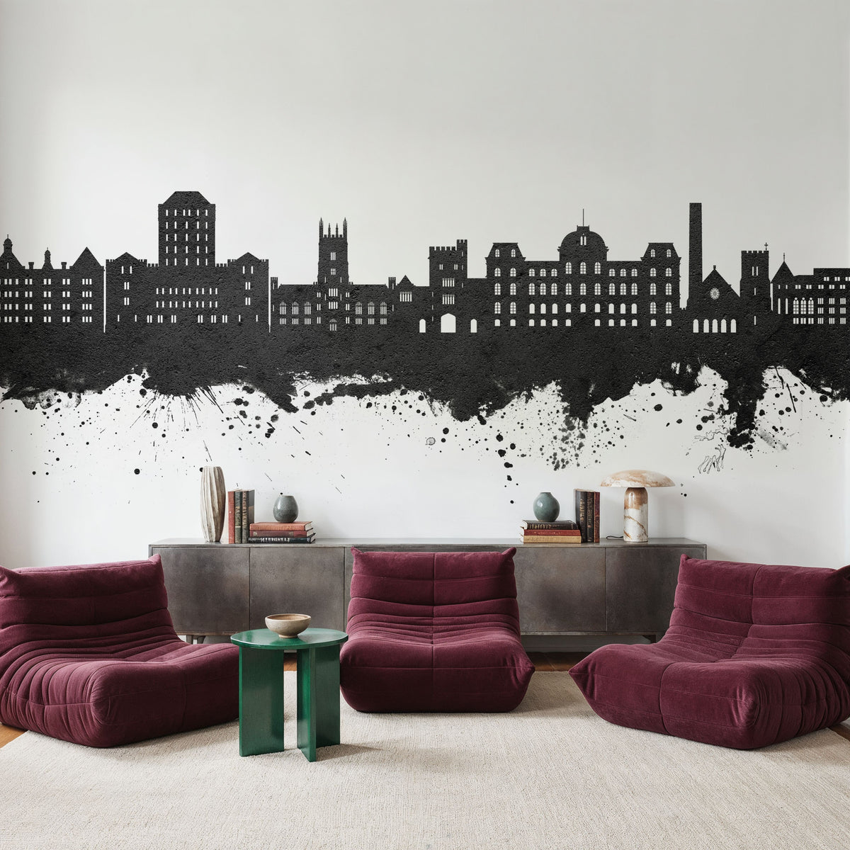 Poughkeepsie New York Skyline Black & White Mural Wallpaper - room preview 02