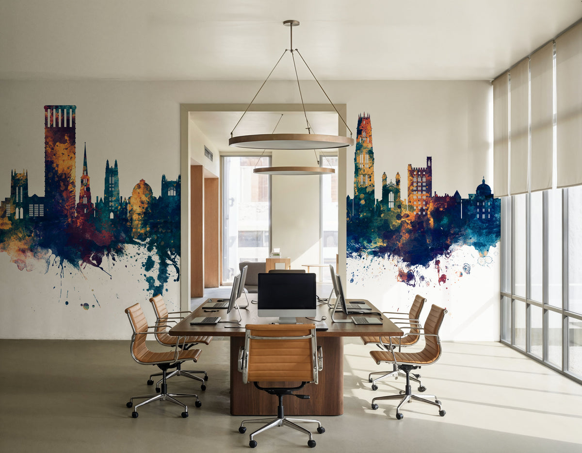 New Haven Connecticut Skyline Blue & Bronze Mural Wallpaper - room preview 02