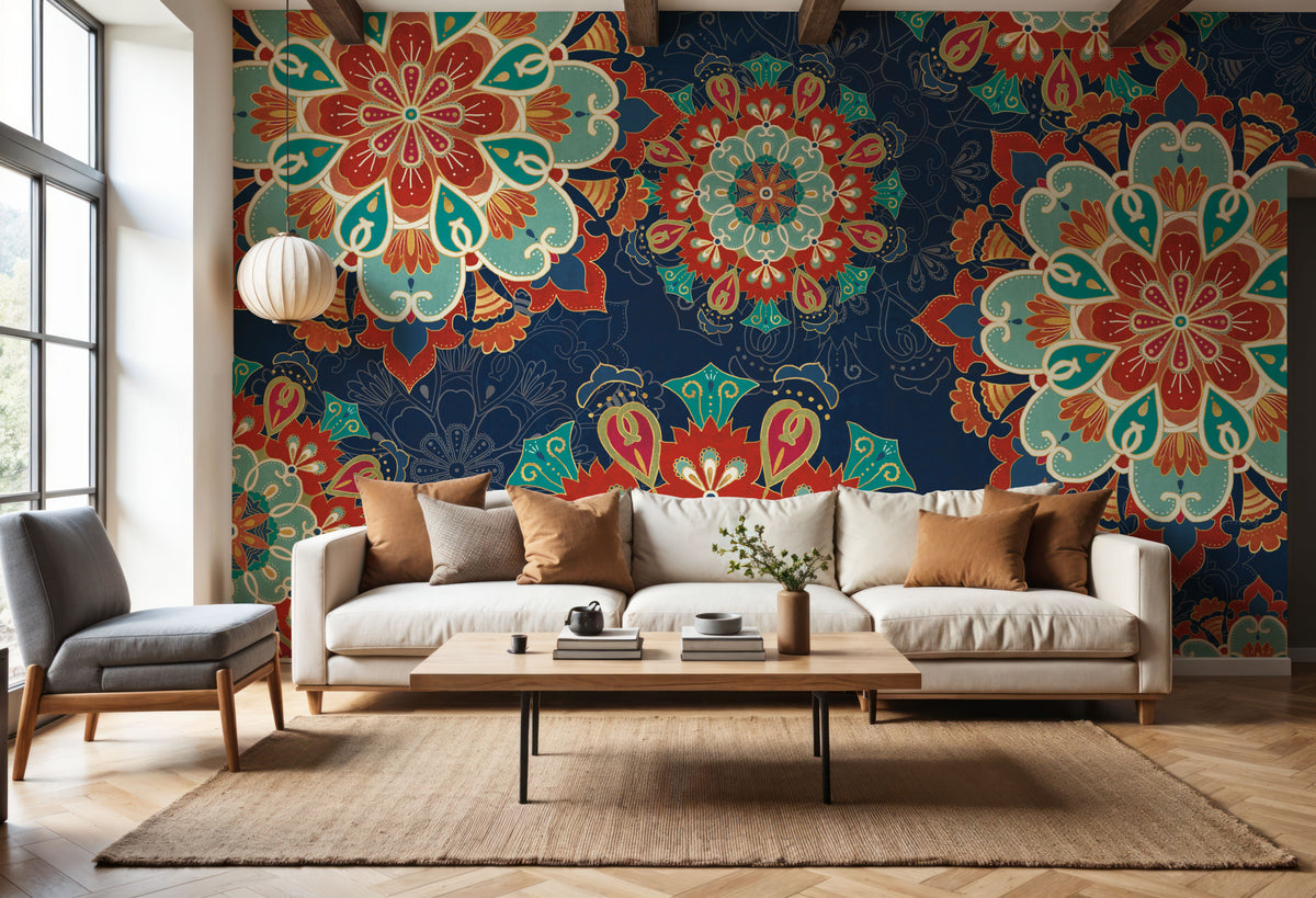 Folk Floral VIII Dark Mural Wallpaper - room preview 02
