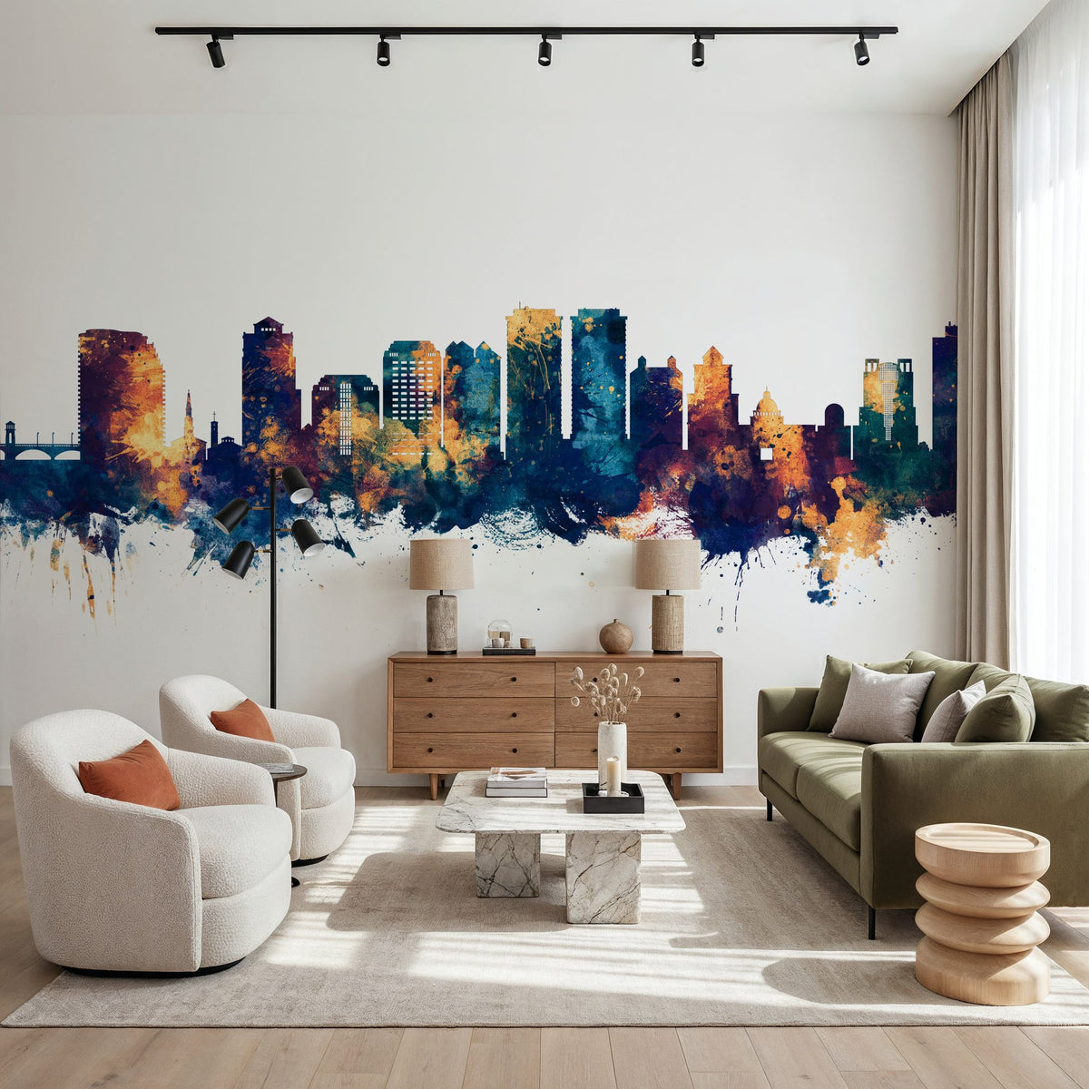 West Palm Beach Florida Skyline Blue & Bronze Mural Wallpaper - room preview 02