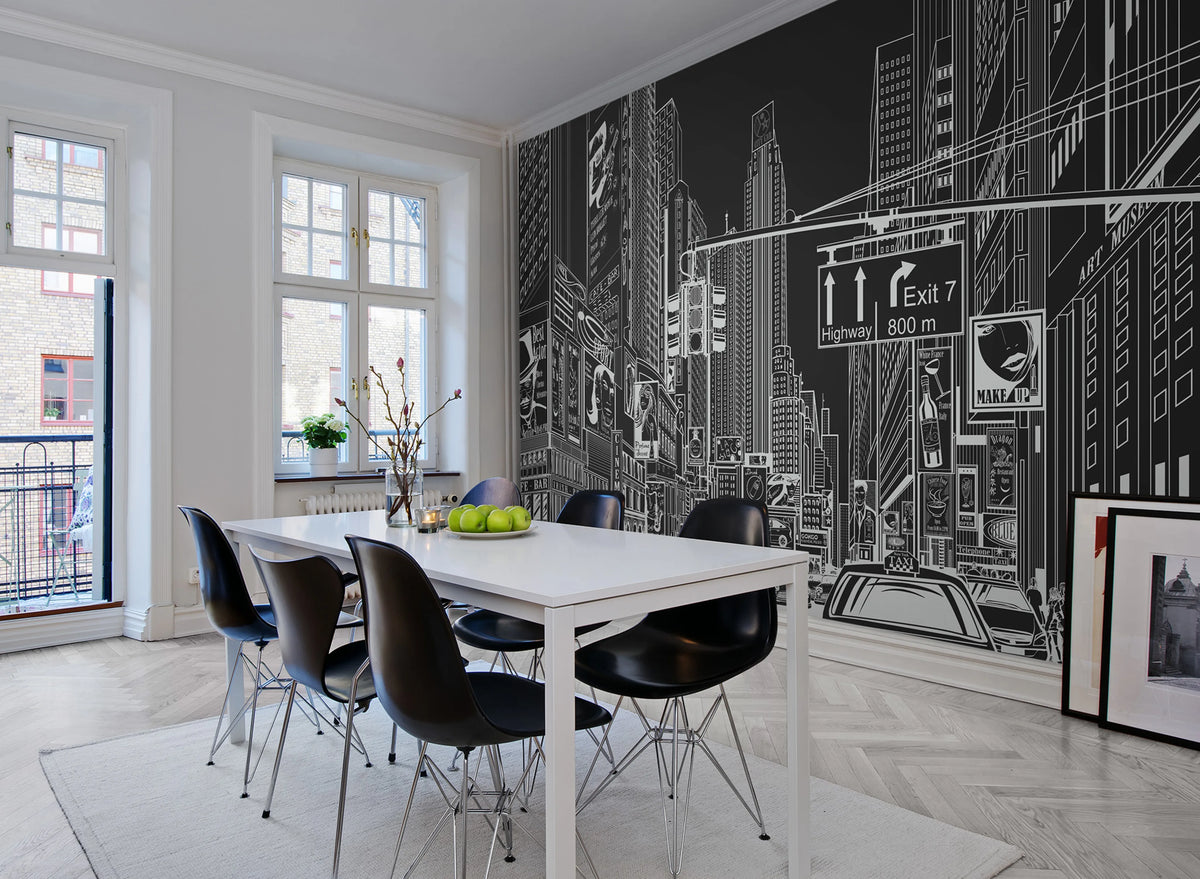Cartoon City, Black Mural Wallpaper - room preview 02