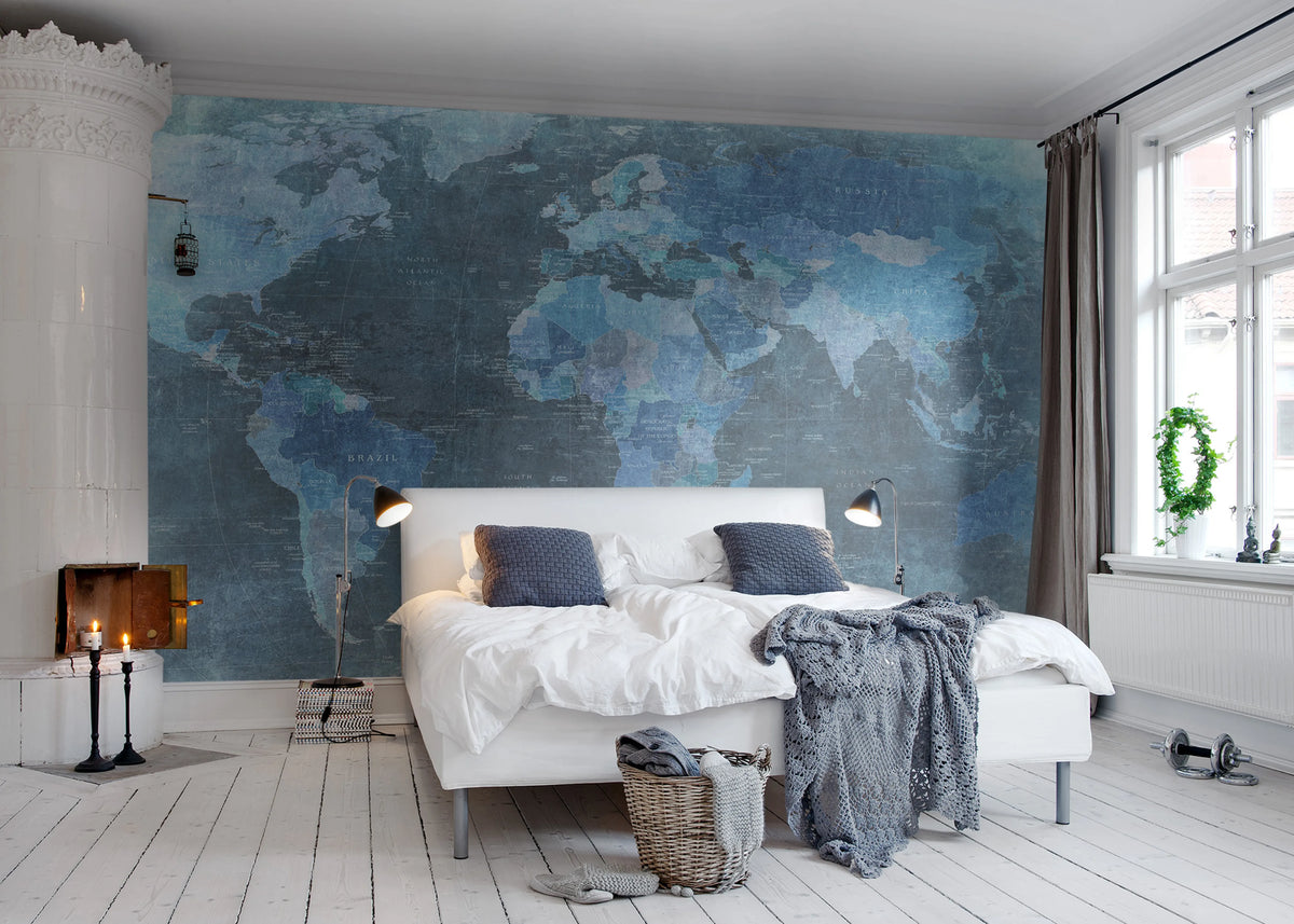 World Map, Blue Mural Wallpaper - room preview 02