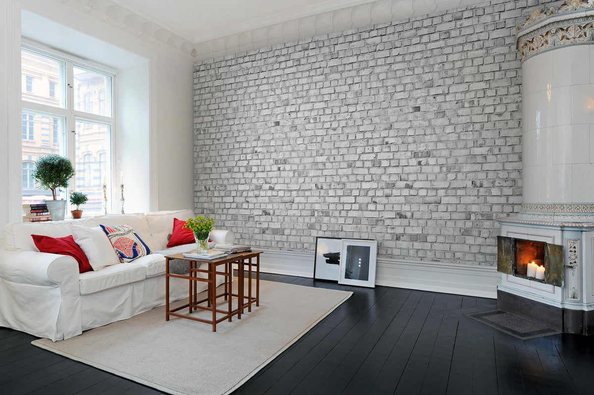 Brick Wall, White Mural Wallpaper - room preview 02