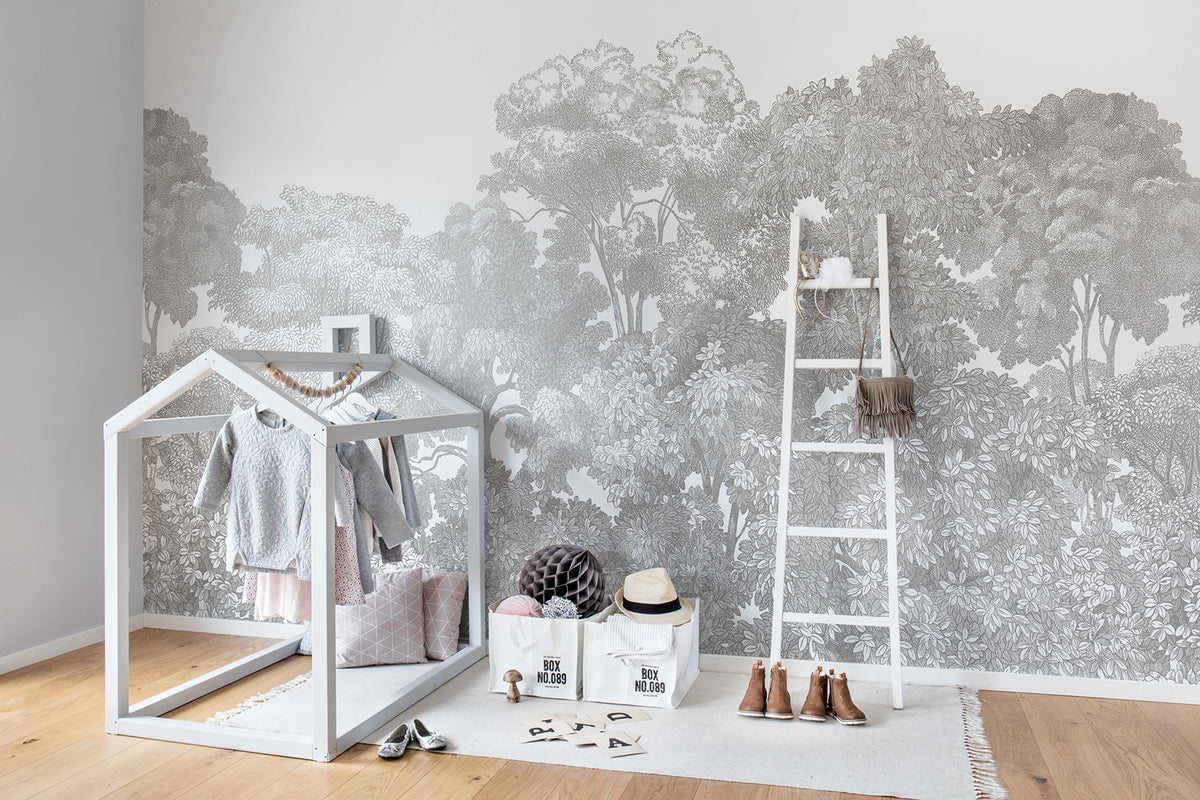 Bellewood, Gray Toile Mural Wallpaper - room preview 02