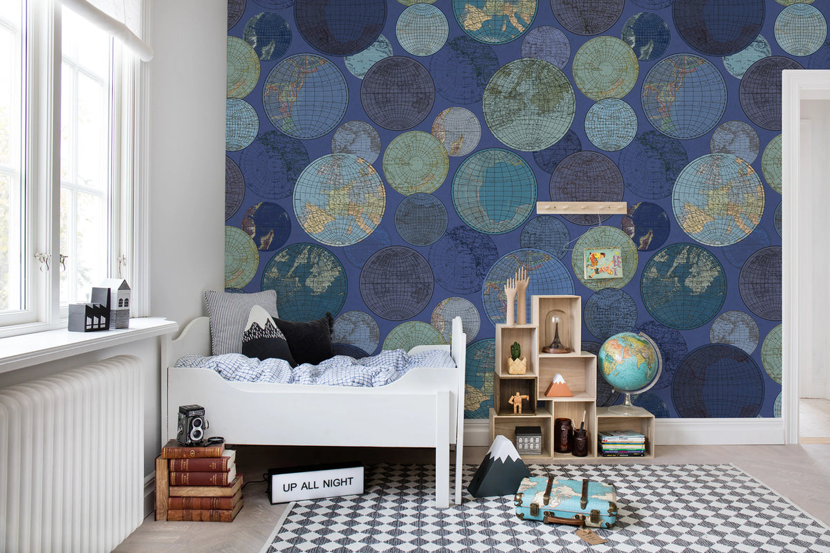 Globes Gathering, Blue Mural Wallpaper - room preview 02