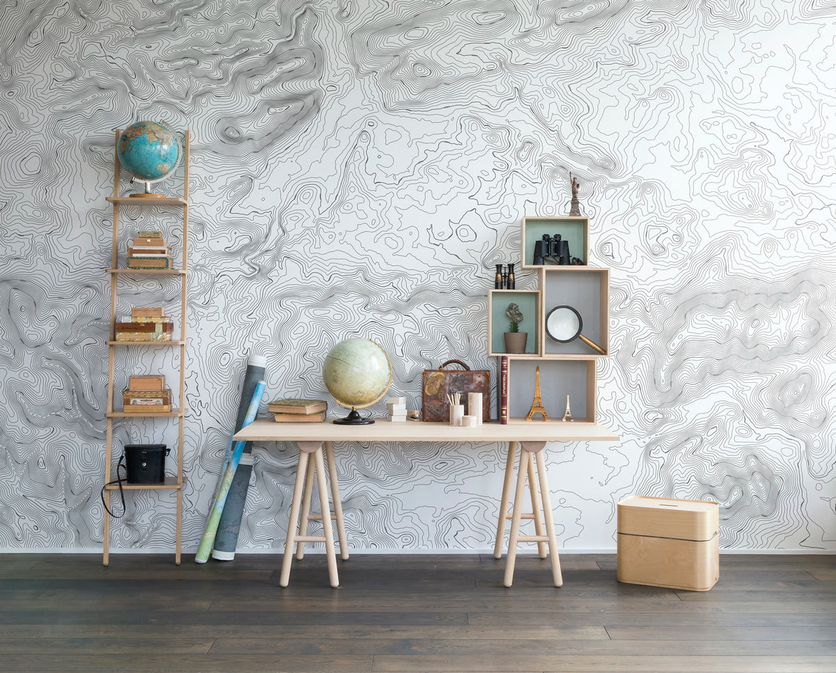 Elevation Lines, White Mural Wallpaper - room preview 02