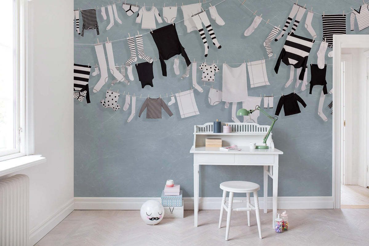 Laundry Day, Blue Mural Wallpaper - room preview 02