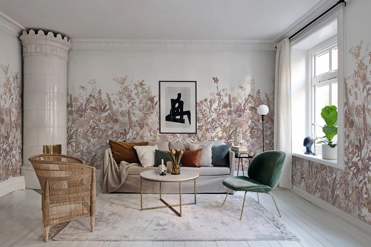 May Meadow, Dusty Pink Mural Wallpaper - room preview 02