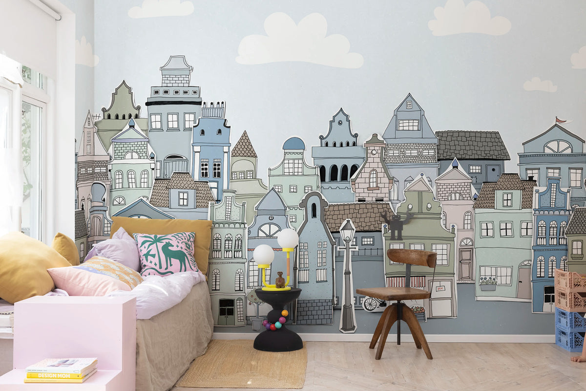 London Houses, Blue Mural Wallpaper - room preview 02